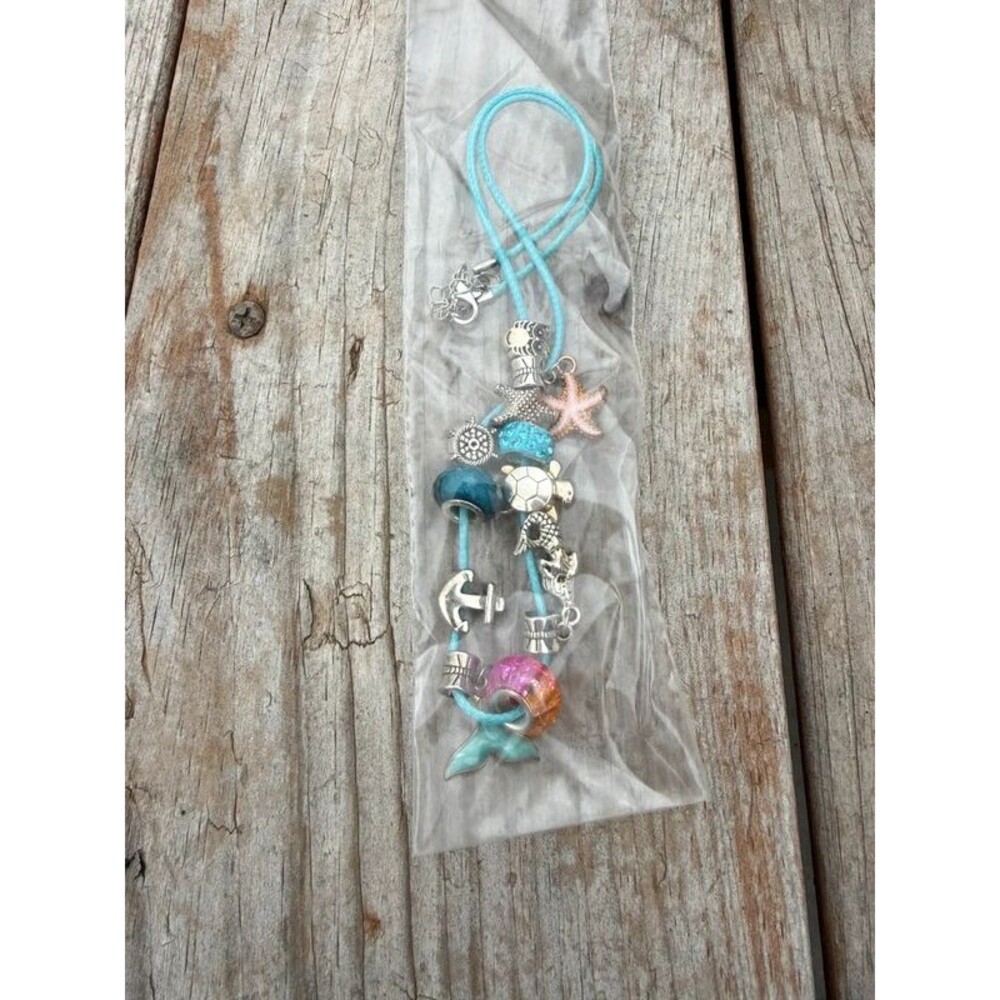 Nautical Ocean Charm Cord Necklace Light Blue